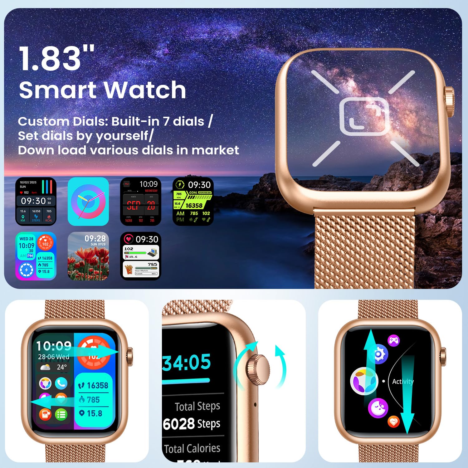 Women's Smartwatch with Fitness Tracker - Gold Android Smart Watch with Bluetooth Calling, Heart Rate Monitor, 123 Sport Modes, IP67 Waterproof - Compatible with iPhone & Android Phones - Perfect for Running, Gym Workouts & Daily Activity Tracking