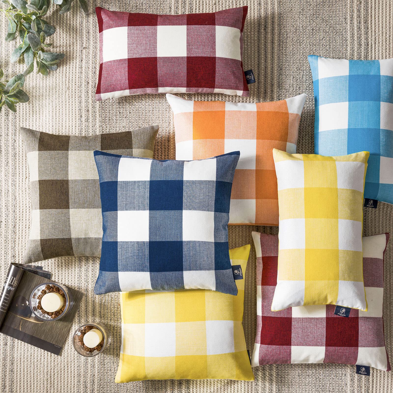 Pack of 2 Orange Gingham Buffalo Check Plaid Throw Pillow Covers 18x18 Inches - Farmhouse Fall Decor, Halloween Home Accents for Sofa, Bed & Porch