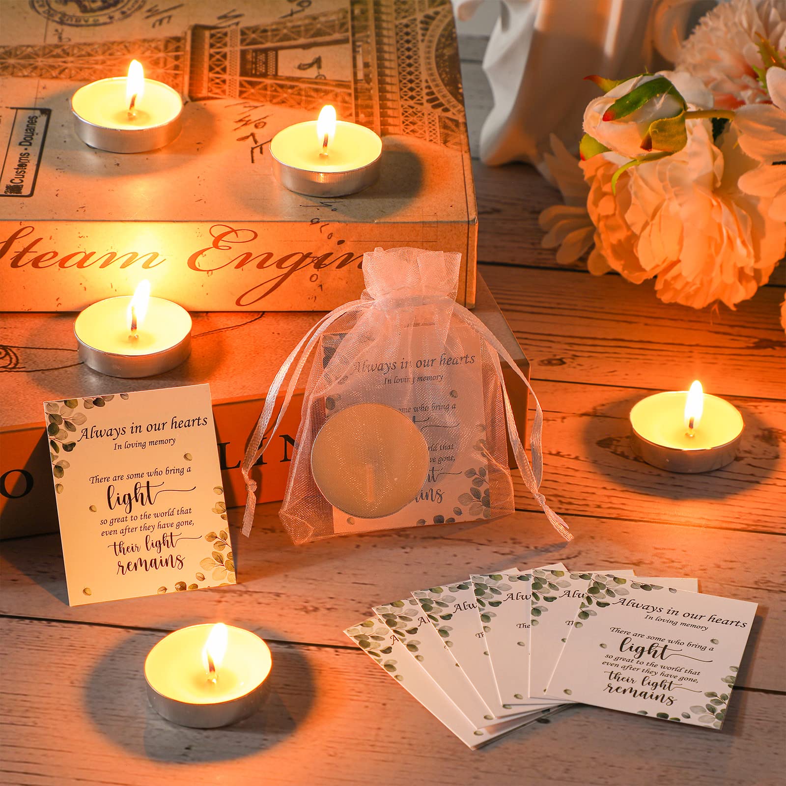 50-Pack Memorial White Unscented Tealight Candles with Condolence Cards & Organza Bags - Funeral Party Favors, Sympathy Gifts for Celebration of Life, Memorial Services & Home Decor