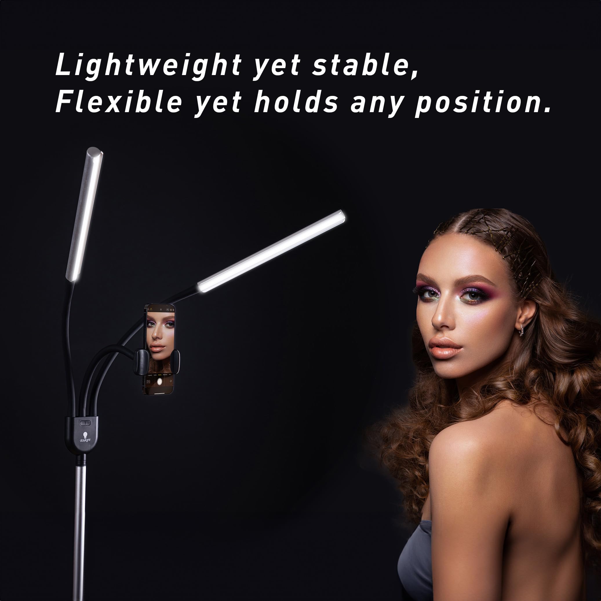 Daylight Company Gemini Floor Lamp - 2 Strobe Lamps with 4 Adjustable Brightness Levels (4,500 LUX, 1,400 Lumens) - Silver | Perfect for Social Media Photography, Nail Salons, Beauty Studios & Office Lighting