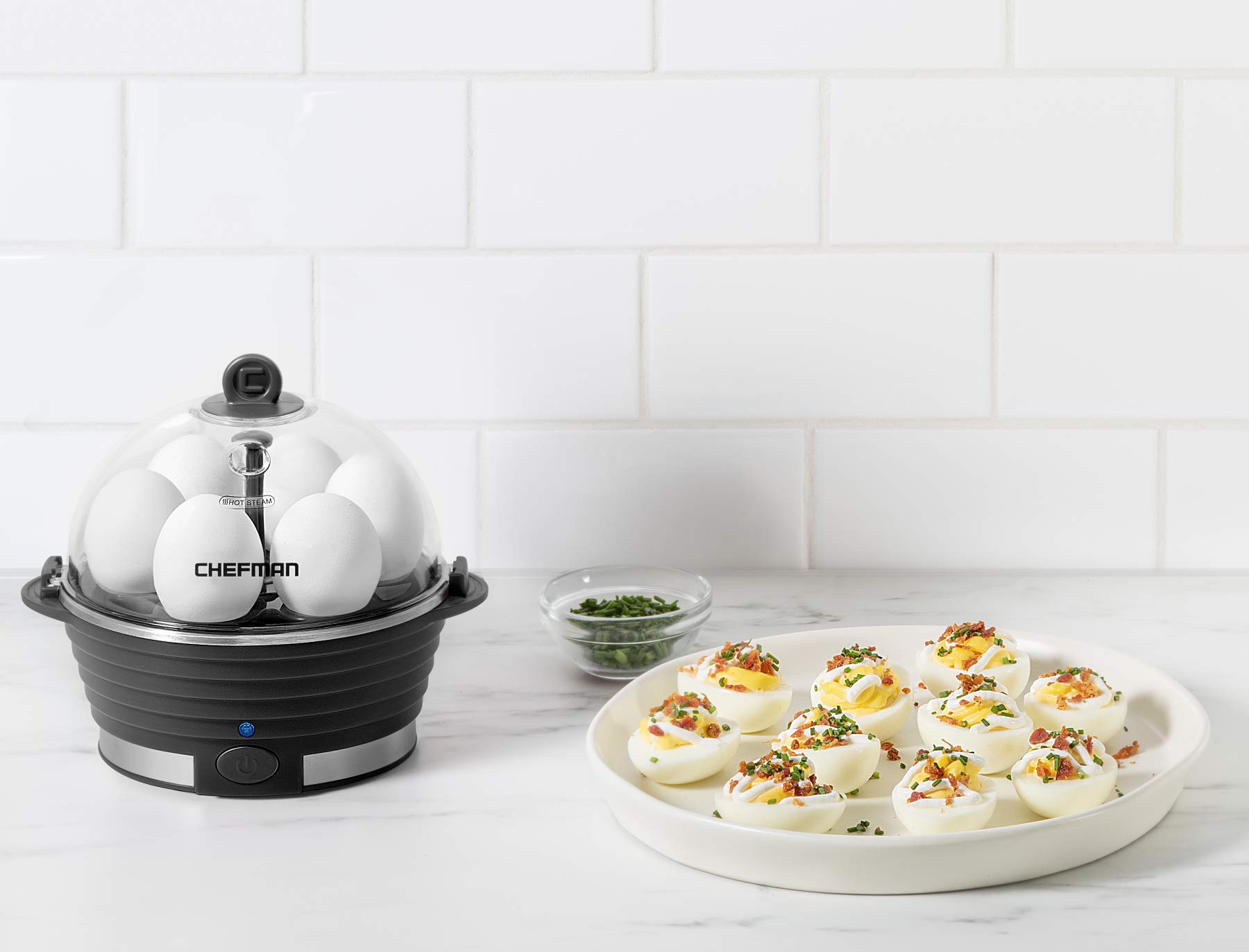 Chefman Electric Egg Cooker & Vegetable Steamer - Fast 6-Egg Capacity for Hard, Medium or Soft Boiled Eggs - Includes Poaching & Omelet Trays - BPA-Free, Ready Signal - Perfect for Breakfast Meal Prep & Healthy Cooking (Black)