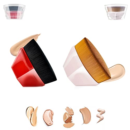 Flat Top Kabuki Makeup Brush Set with Cap - 2 Pcs (Pink & Red) - Perfect for Liquid & Powder Foundation Application - Ideal for Professional Makeup Artists & Beginners