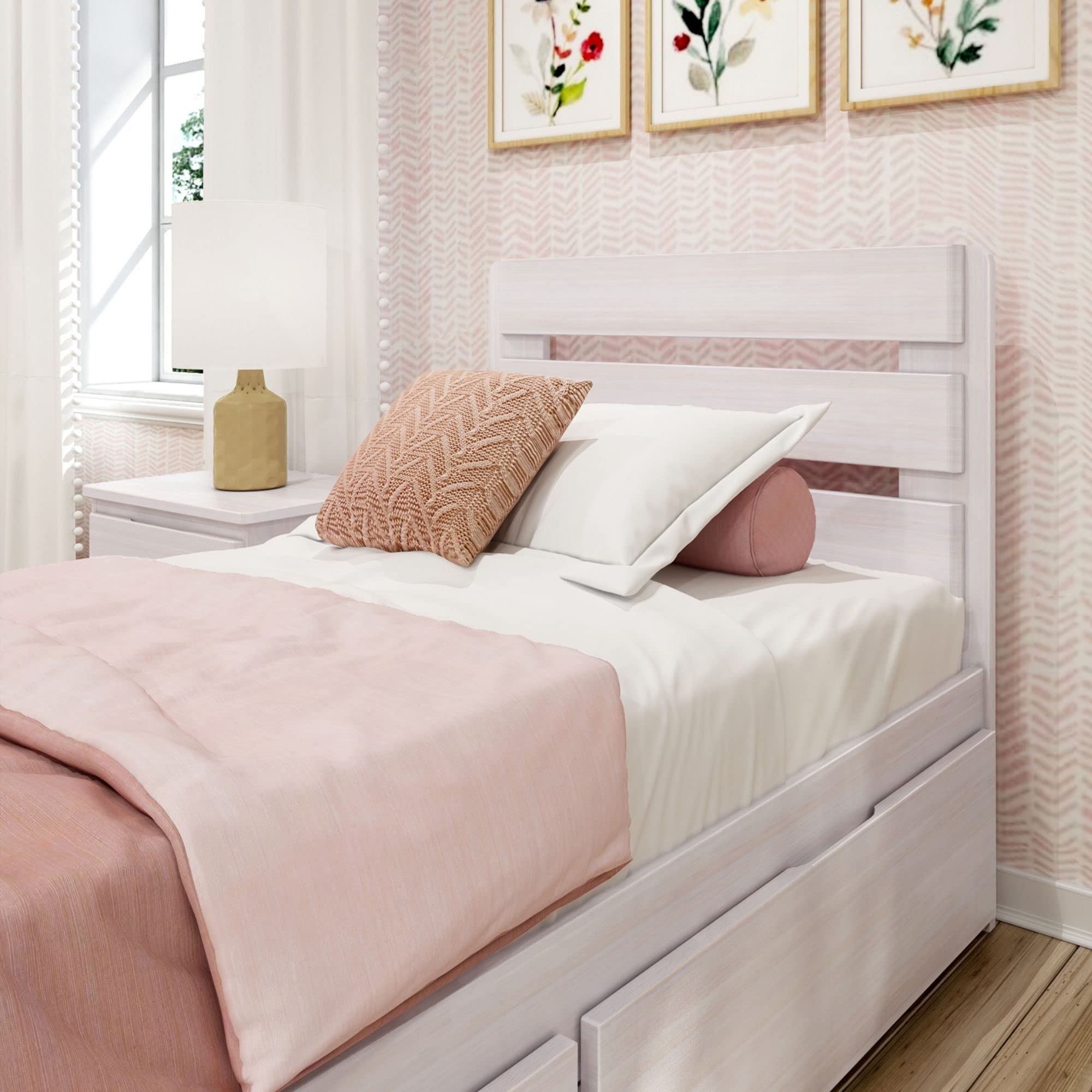 Max & Lily Modern Farmhouse Twin Bed with Plank Headboard & Storage Drawers - White Wash Finish - Perfect for Kids' Bedrooms, Guest Rooms & Small Spaces