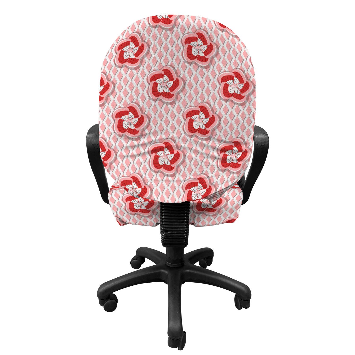 Ambesonne Floral Office Chair Slipcover - Abstract Romantic Spring Blossoms Design on Wavy Lines Lattice Backdrop - Stretchable Protective Fabric Cover in Rose Dark Coral White - Perfect for Home Office, Study Room & Workspace Decor