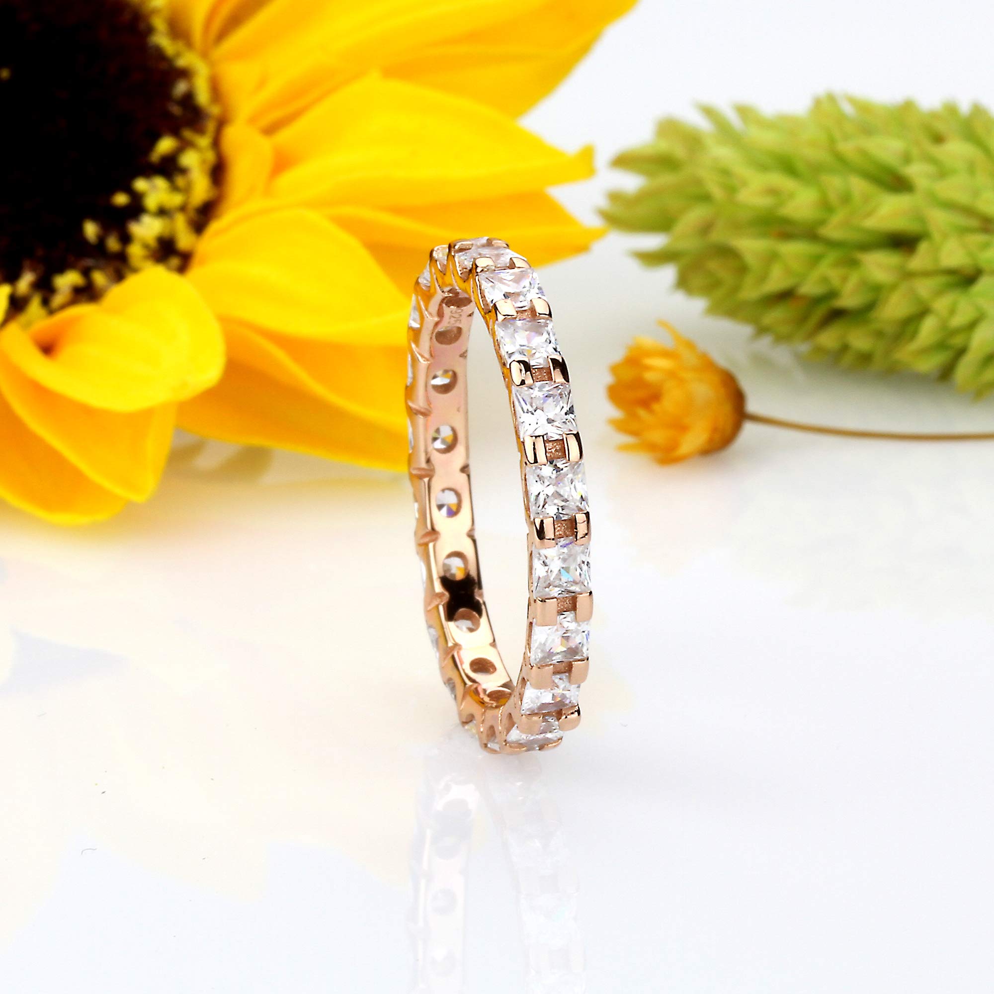 14K Rose Gold Plated Sterling Silver Princess Cut CZ Eternity Ring Band - 3MM Width, Sizes 4-12 | Elegant Wedding, Anniversary & Valentine's Day Gift for Her
