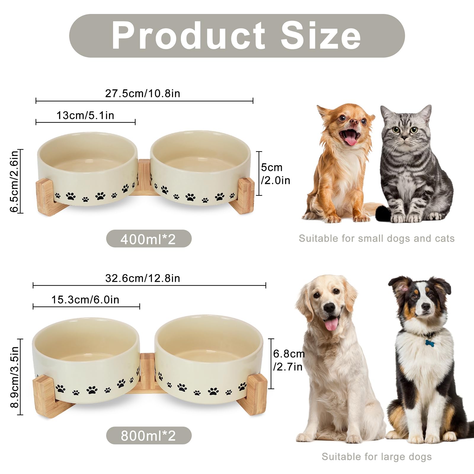 Ceramic Raised Dog and Cat Bowls Set with Anti-Slip Wooden Stand - Weighted Pet Food & Water Dishes for Small, Medium & Large Pets - 14oz Beige - Perfect for Home, Kitchen, and Outdoor Feeding Stations