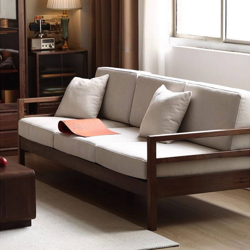 Vintage Style Off White Sofa Couch with Walnut Wood Frame and Removable Cushions - Comfortable Living Room Furniture for Relaxing & Entertaining Guests