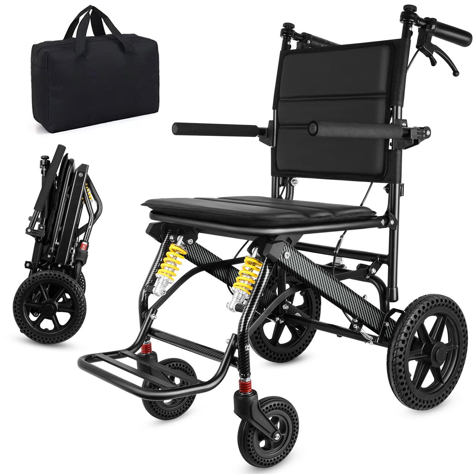 WISGING Ultra-Light Transport Wheelchair - Foldable Portable Wheelchair with Carrying Bag - Hand Brake & Aircraft Approved - Ideal for Elderly Travel, Hospital Visits & Outdoor Mobility