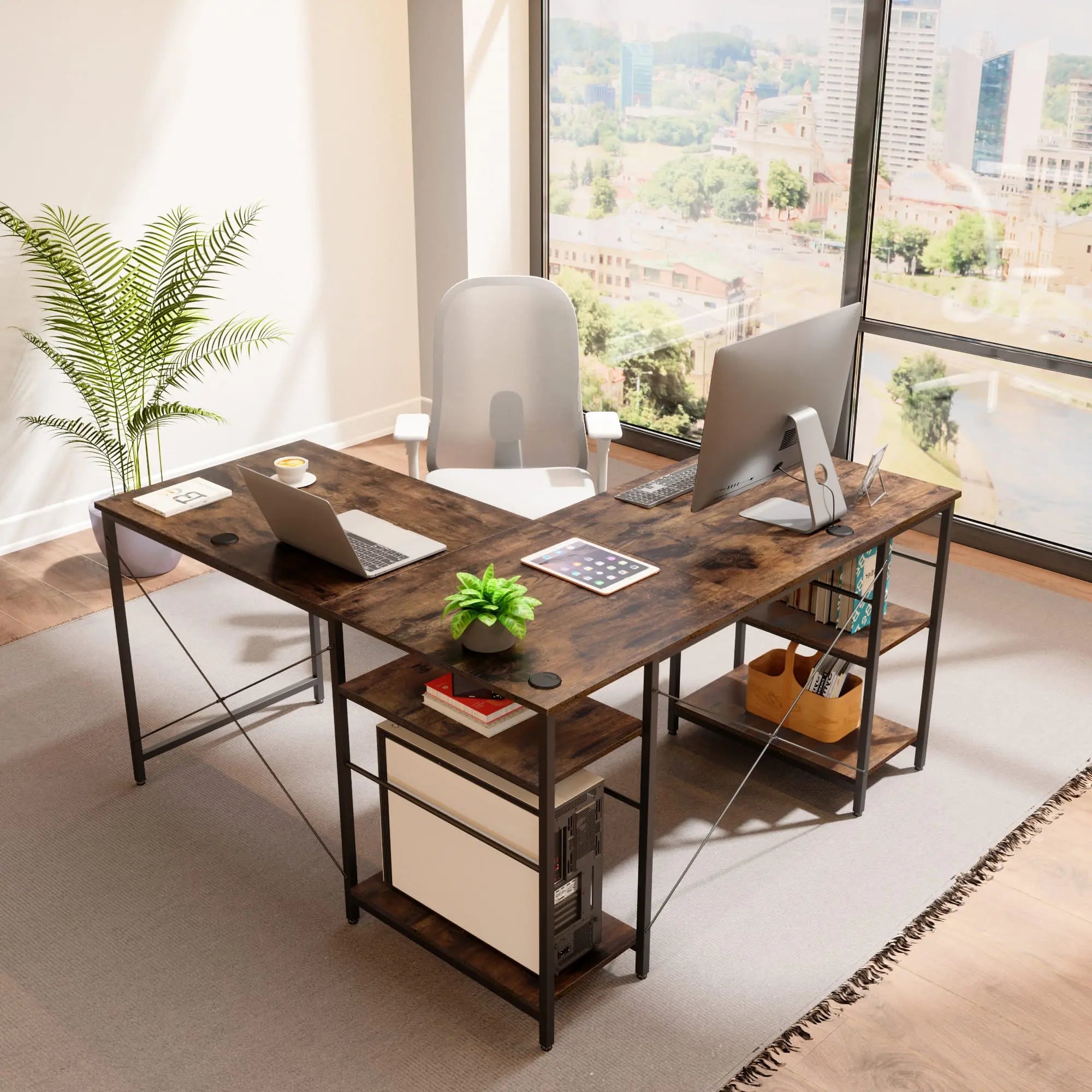 Bestier 86 Inch L-Shaped Computer Desk for Two - Home Office Gaming & Workstation with Large Workspace - Perfect for Couples, Roommates & Small Spaces