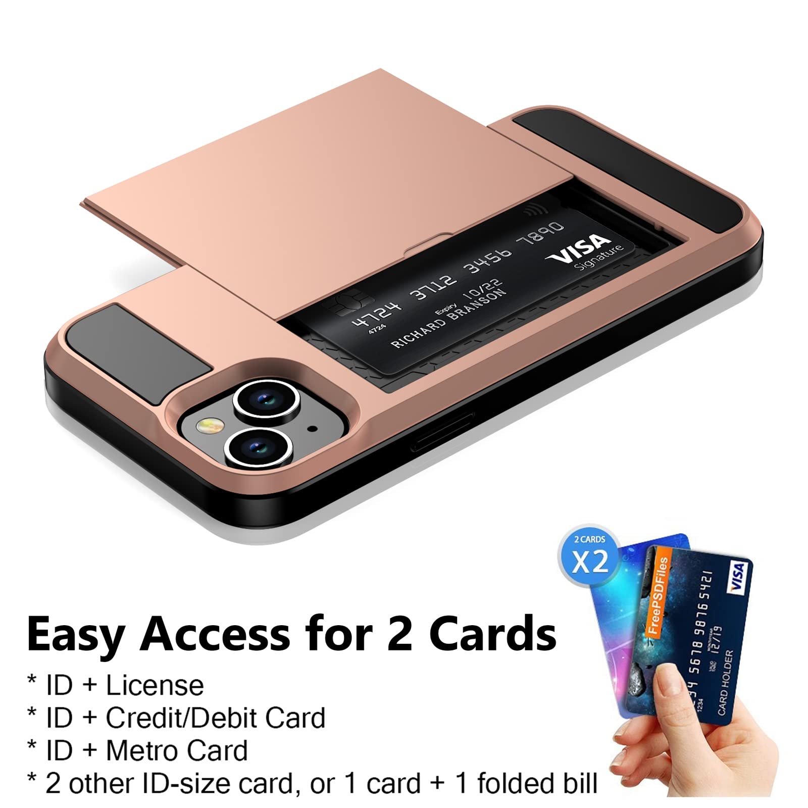 Vofolen iPhone 15 Case with Card Holder - Slim Dual Layer Shockproof Wallet Phone Cover with Hidden Sliding Card Slot | 6.1 Inch Rose Gold Protective Hard Shell | Perfect for Everyday Use, Travel & Hands-Free Convenience
