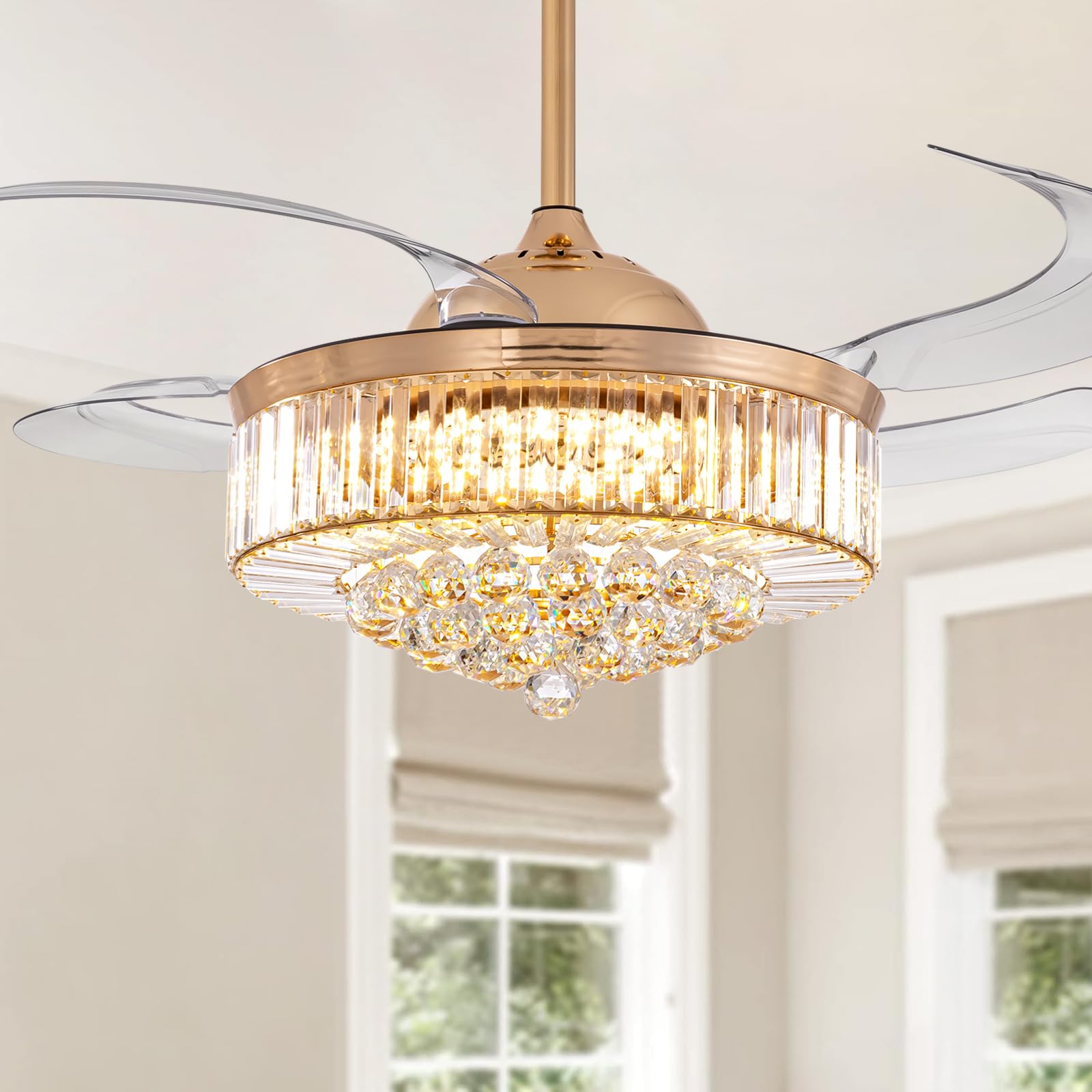 48 Inch Crystal Ceiling Fan with Light and Remote Control - Modern Dimmable Fandelier, Invisible Retractable Chandelier Fan in Gold Finish - Perfect for Bedroom, Living Room, Dining Room and Home Office Decor