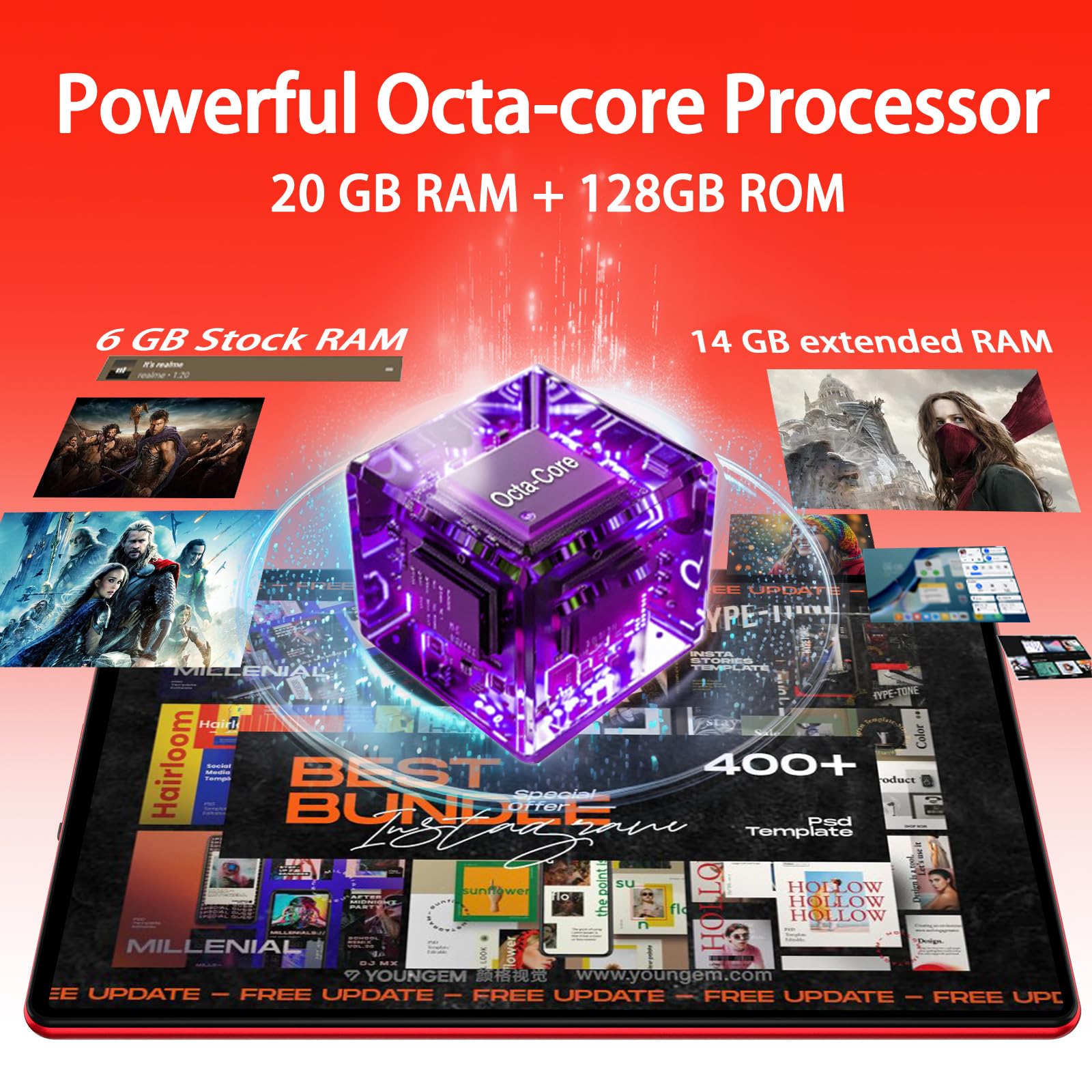 Newest Android 14 Tablet 10.1 Inch - 20GB RAM 128GB ROM (1TB Expandable) Octa-Core Processor, Dual Camera, WiFi 6, GPS, Bluetooth 5.0, 6000mAh Long Battery Life - Includes Keyboard & Mouse (Red) - Perfect for Work, Study, and Entertainment