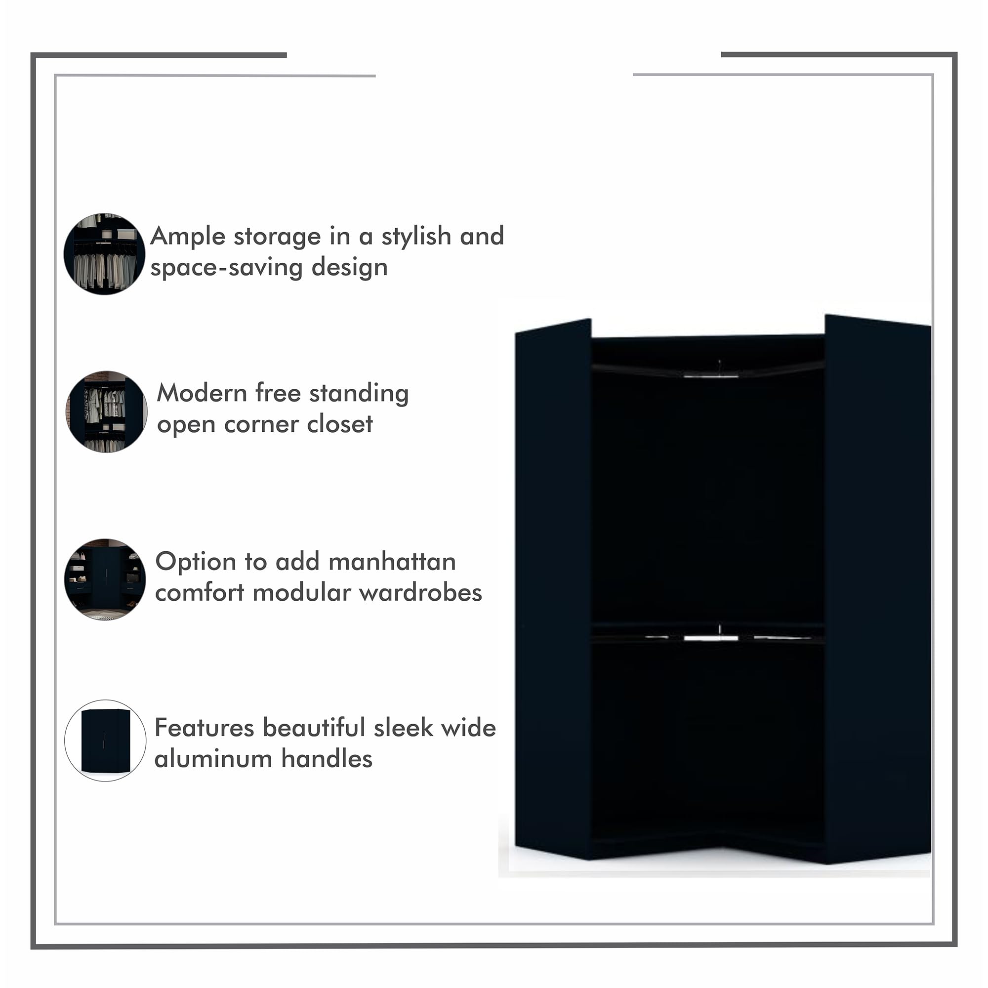 Modern Free-Standing Corner Wardrobe Closet with Rounded Hanging Rods & Open Shelves - Space-Saving Storage Solution for Bedroom, Living Room or Office - Tatiana Midnight Blue by Manhattan Comfort