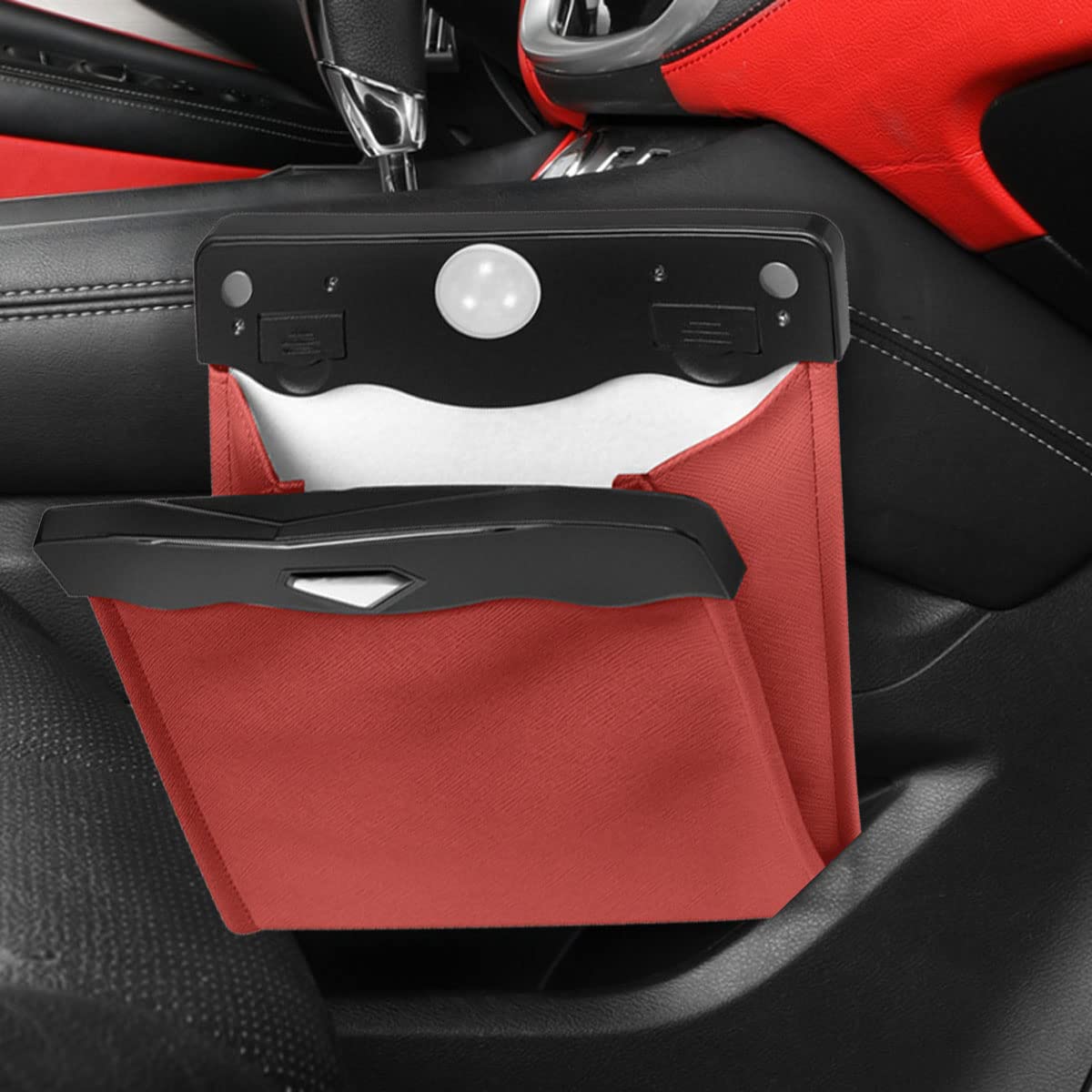 Premium BELOMI Car Trash Bag - Waterproof PU Leather Auto Garbage Can with Magnetic Closure & LED Light | Back Seat Hanging Trash Bin Includes 30 Disposable Bags (Red) | Perfect for Road Trips, Commuting & Keeping Your Vehicle Clean