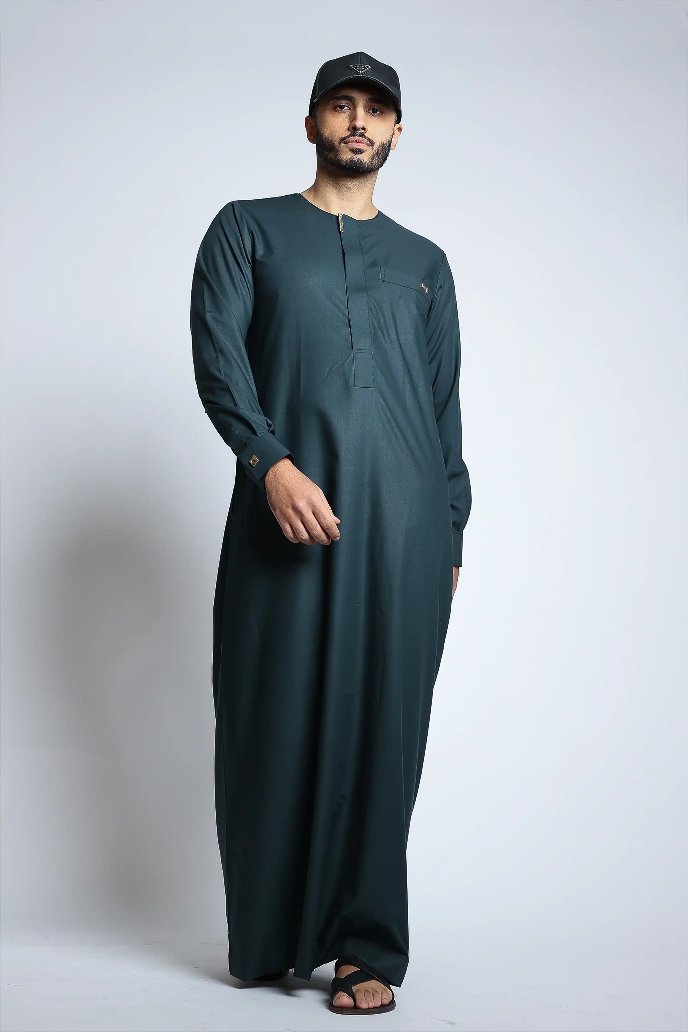 J108 Kids Thobe with Bottle Green Buckle - Traditional Arabic Dress for Boys & Girls - Perfect for Eid, Weddings & Special Occasions
