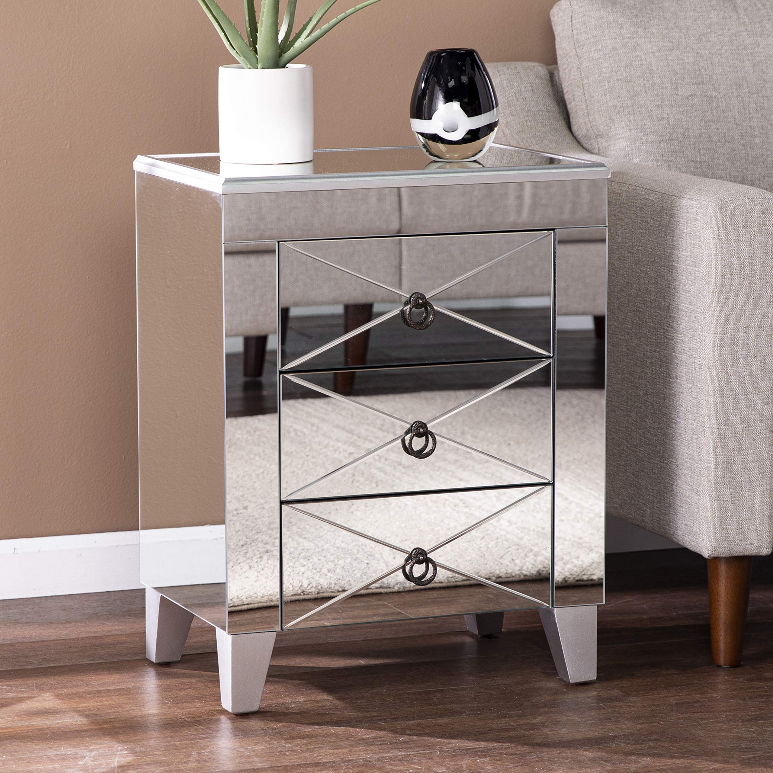 SEI Furniture Cresheim Silver Mirrored End Table with Drawers - Elegant Nightstand for Bedroom, Living Room, or Entryway Décor