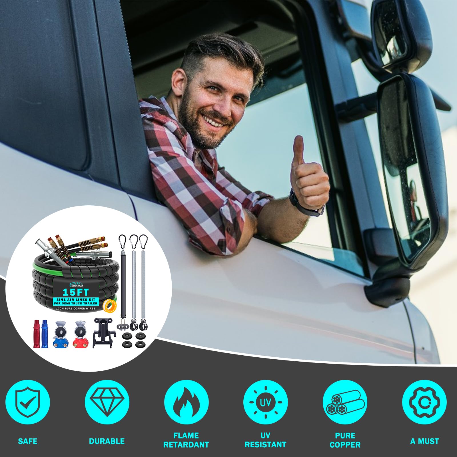 CheeMuii 15 FT Semi Truck Air Line Kit with Gladhands, Air Line Holder, Springs & 7 Way Trailer Cord - Heavy Duty Replacement for Tractor Trailer Brake Systems, Perfect for Long Haul Trucking and Commercial Vehicle Maintenance