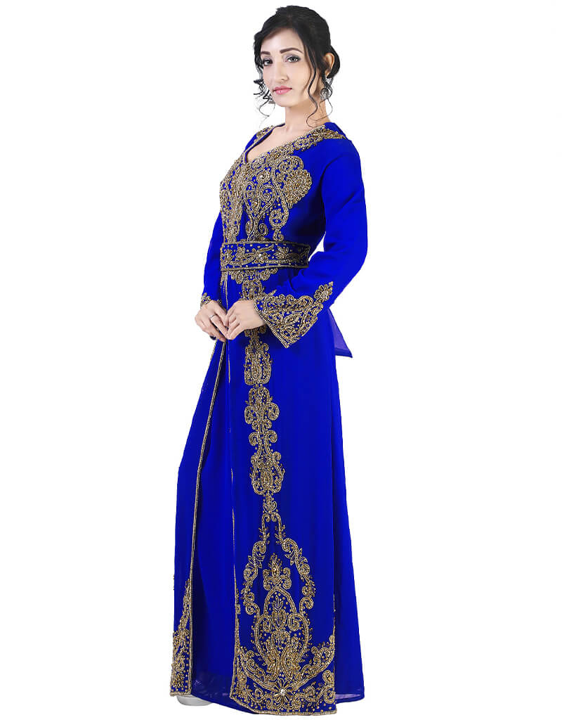 Elegant Arabic Royal Blue Georgette Kaftan with Pearl Embroidery - Perfect for Weddings, Parties & Special Occasions