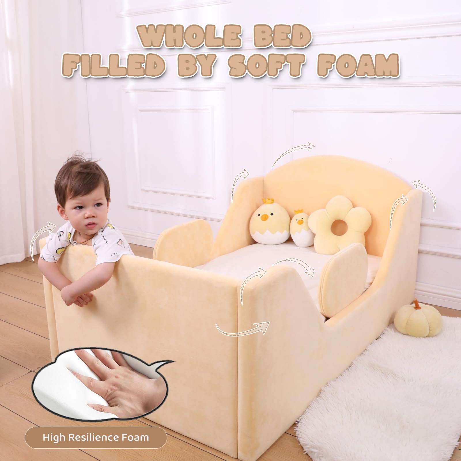 Round Toddler Bed with Safety Rail & Upholstered Headboard - Standard Crib Size Floor Bed for Kids 18 Months to 6 Years (Yellow, No Mattress Included) | Perfect for Montessori Rooms, Daycare Centers & Safe Toddler Sleep Spaces