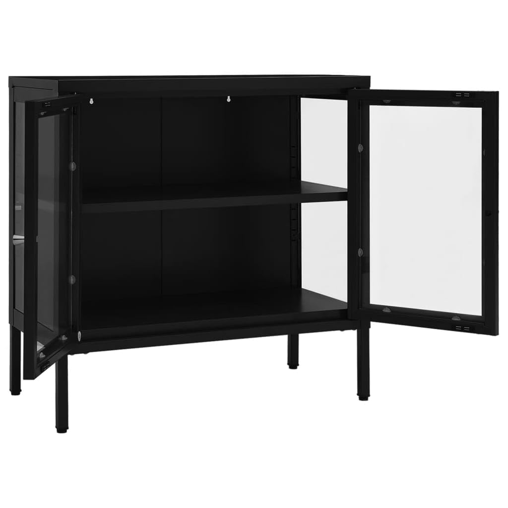 Modern Sideboard with Glass Door - Black Steel Storage Cabinet with Adjustable Shelf & Feet - Bookshelf, Media Storage & Home Decor Organizer for Living Room, Bedroom or Office