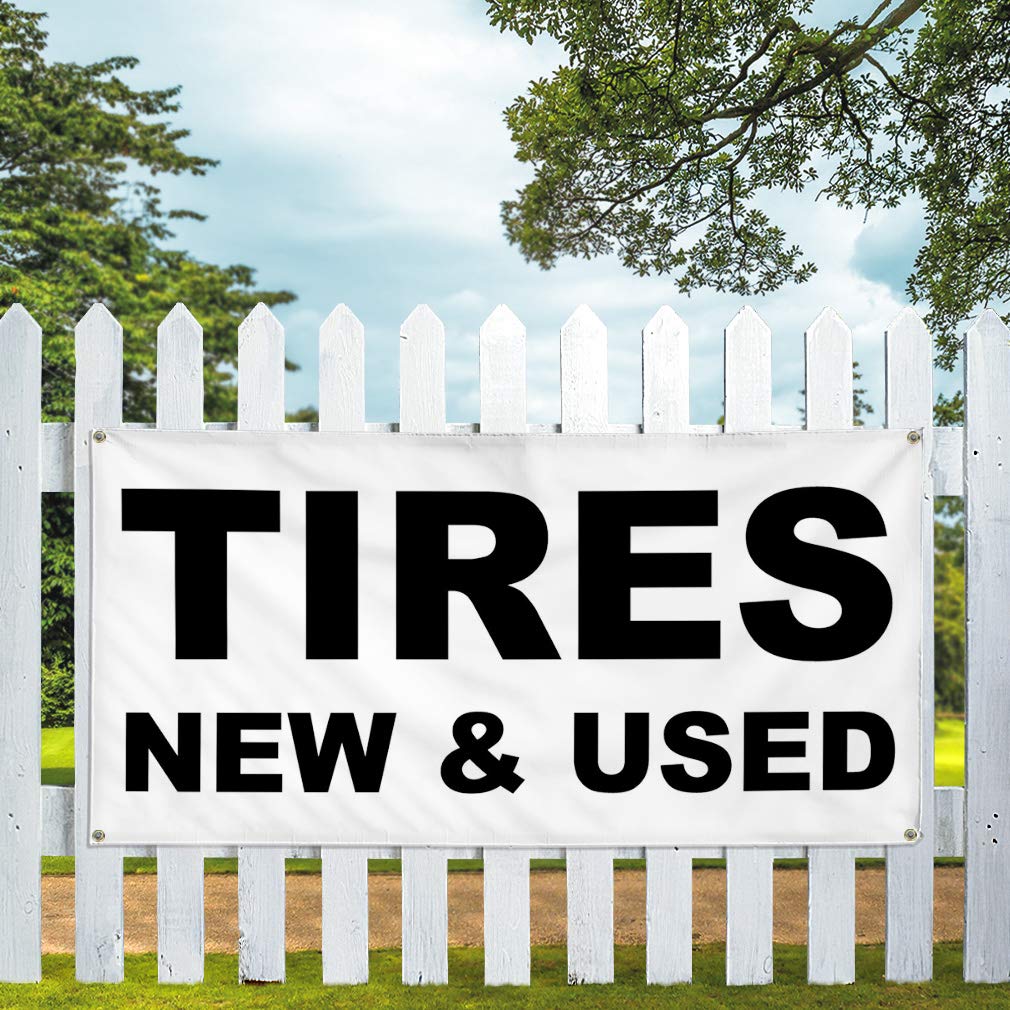 Vinyl Banner - Durable Weatherproof Outdoor Sign for Auto Repair Shops & Industrial Yards - Multiple Sizes (16x40 Inches) with 4 Grommets - Perfect for Car Tires, Black Automotive Signs & Used Vehicle Displays