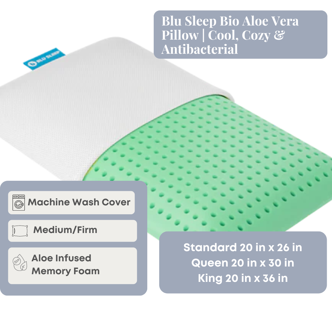 Blu Sleep Bio Aloe Vera Pillow - Cooling Gel Memory Foam Pillow for Side Sleepers | Hypoallergenic & Antibacterial | Perfect for Hot Sleepers, Neck Pain Relief & Better Sleep