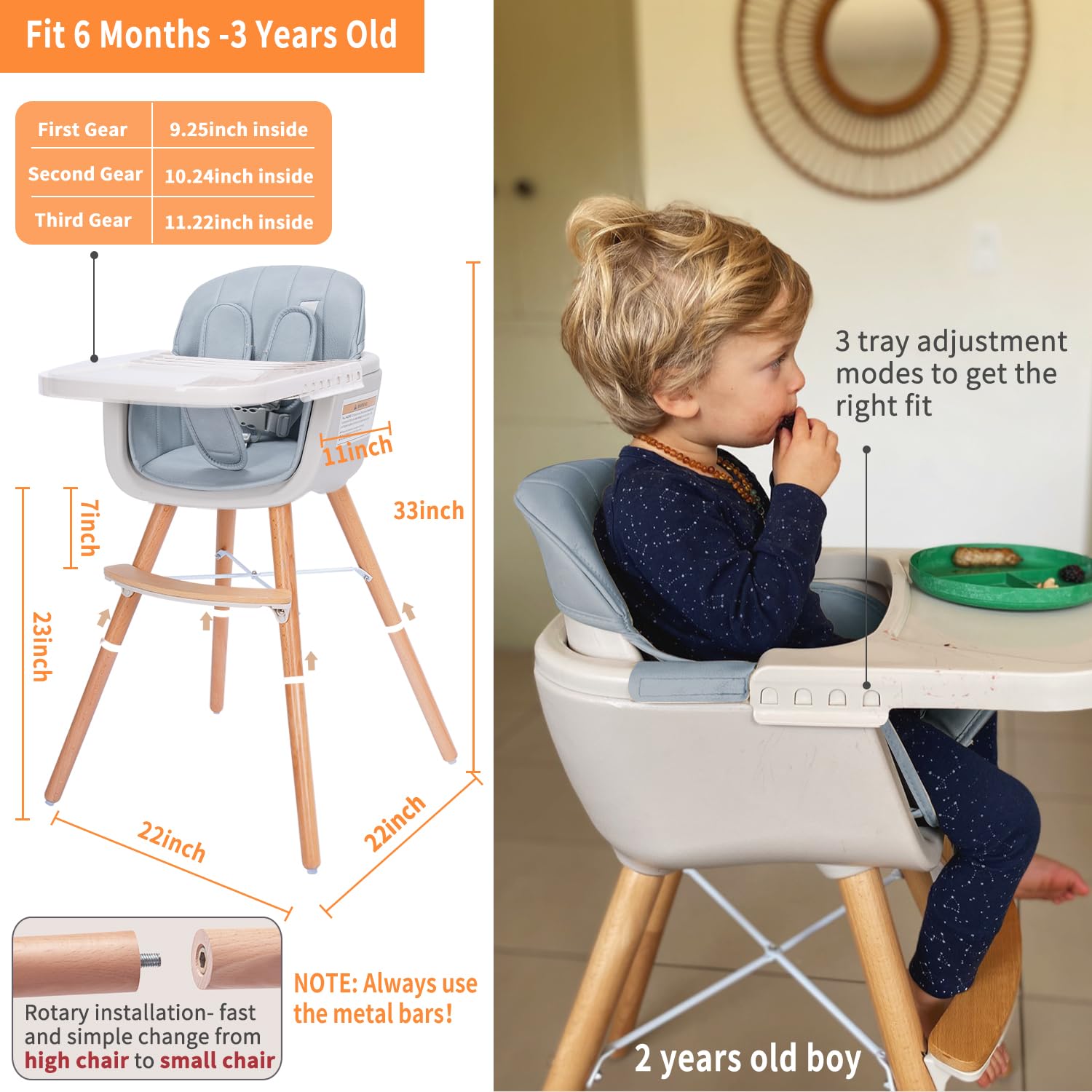 3-in-1 Convertible Wooden High Chair for Babies & Toddlers | Adjustable Height & Dishwasher Safe Tray | Premium Hardwood & Leatherette Construction | Blue | Perfect for Dining, Feeding & Learning Playtime