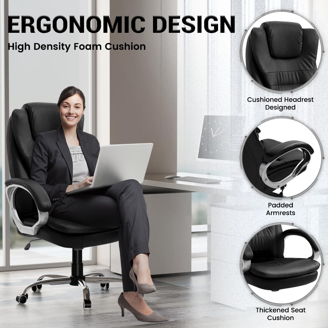 HLDIRECT Ergonomic Office Chair - High Back Executive Computer Chair with Adjustable Height, Rocking Function & Padded Armrests - PU Leather Desk Chair for Home Office - Perfect for Long Work Hours & Gaming Sessions