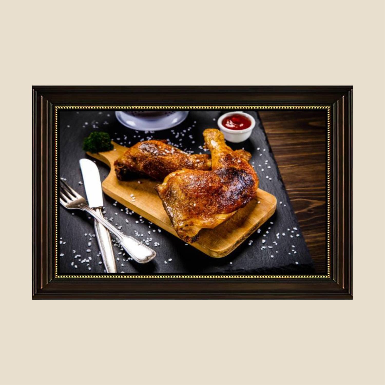 Fried Chicken Leg Vegetables Canvas Wall Art Print - Retro Framed Painting Poster 24x36 Inch, Home Decor for Living Room & Bedroom | Ready to Hang Kitchen & Dining Room Decor