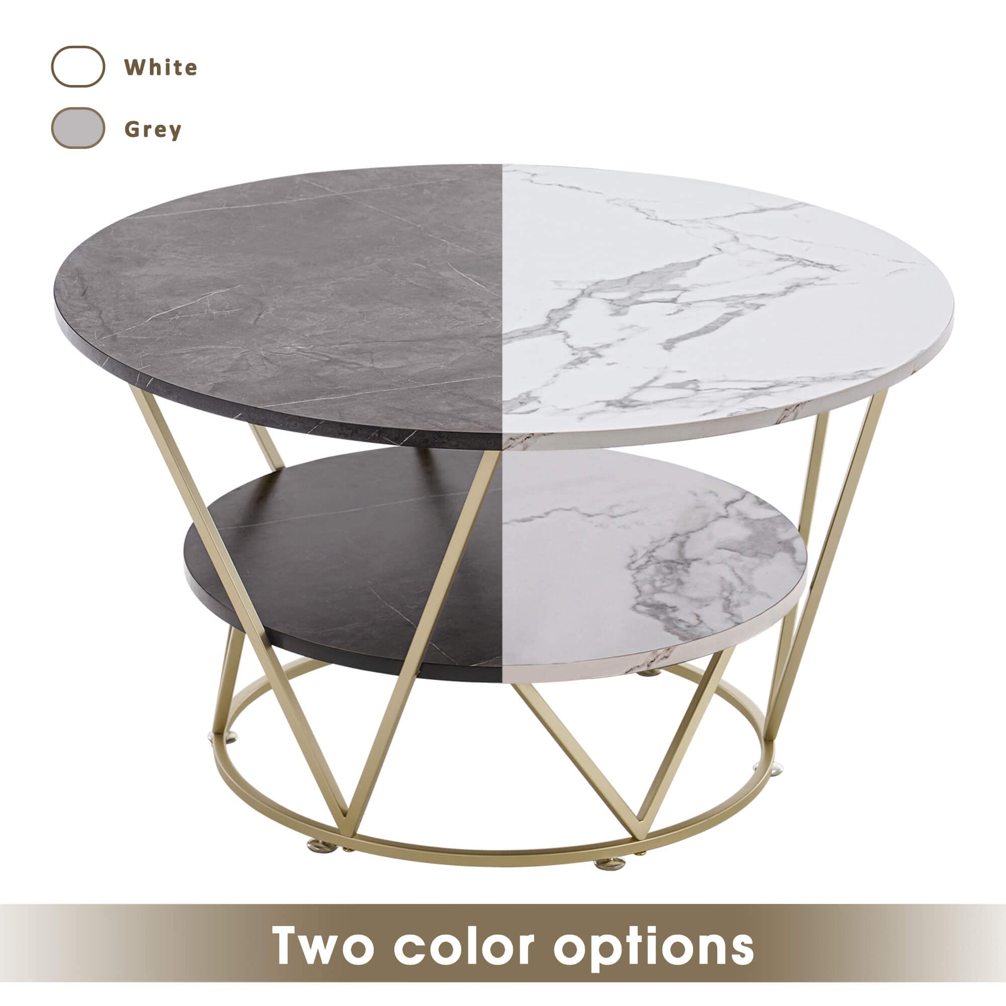 ivinta Modern 2-Tier Round Coffee Table - Faux Marble Top with Storage Shelf & Sturdy Metal Frame for Living Room | Accent Table for Small Spaces, Apartments & Home Decor (COFF-39MG)