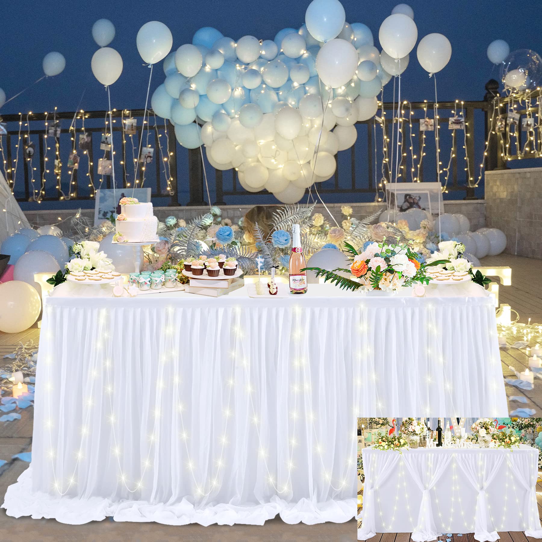 9ft White Tulle Table Skirt with LED Lights - Elegant Wedding, Birthday Party & Baby Shower Decor - Ruffled Tutu Tablecloth for Rectangle/Round Tables - Perfect for Cake Displays, Dessert Buffets & Banquet Decorations