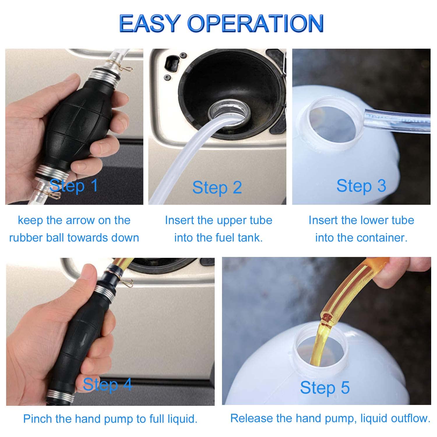 JONMON Gasoline Siphon Hose Pump - Portable Hand Fuel Transfer Pump with 2M PVC Hose & Metal Buckles - High Flow Manual Rubber Squeeze Bulb for Petrol, Diesel, Oil, Water - Ideal for Cars, Boats, Lawn Mowers & Emergency Fuel Transfer