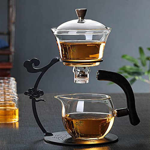 RORA Semi-Automatic Rotating Glass Teapot Set with Infuser - Kungfu Tea Maker for 6 Cups | Perfect for Home Tea Ceremony, Office Relaxation & Gift Giving