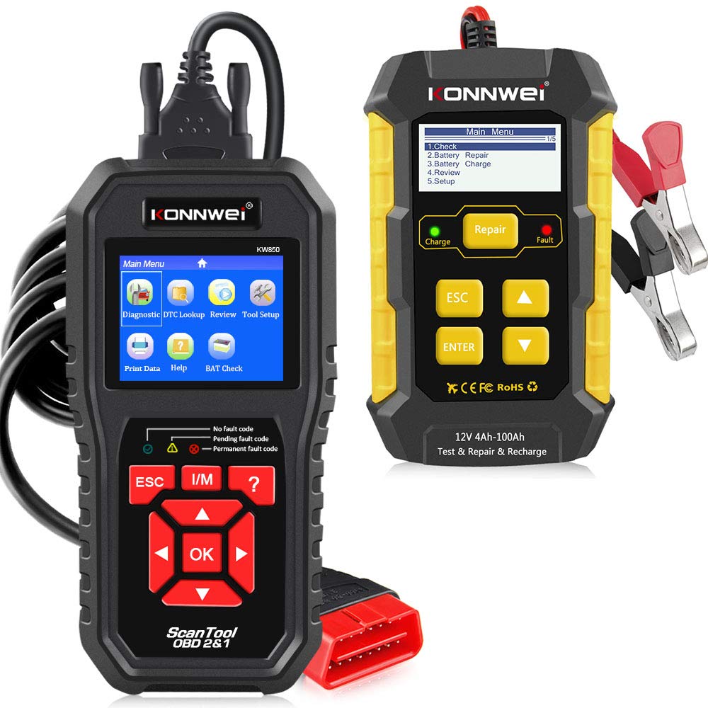 KW850 OBD2 Scanner & KW510 Battery Charger Tester - Professional Car Diagnostic Tool & 12V Auto Battery Tester - Perfect for Mechanics, DIY Enthusiasts & Home Garage Use