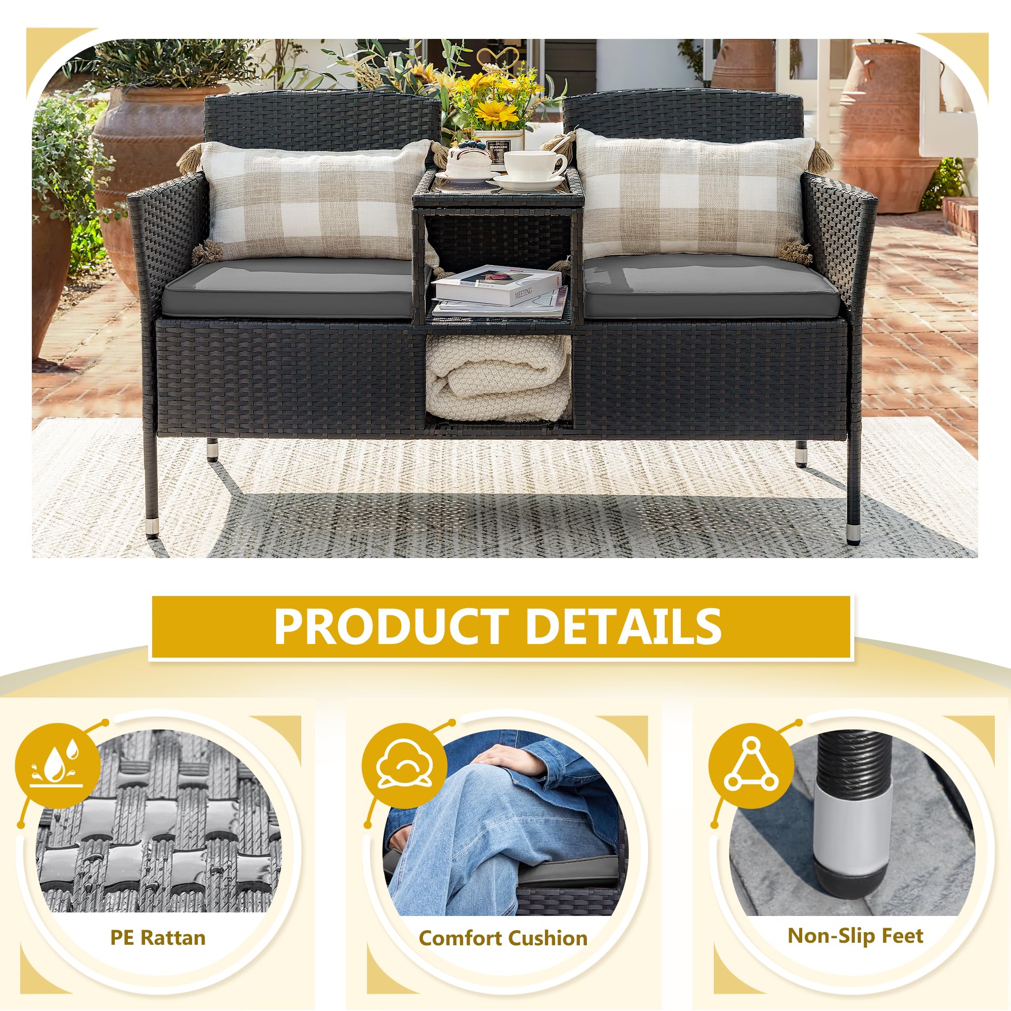 Modern Rattan 2-Seat Patio Loveseat with Cushions & Built-in Coffee Table - Outdoor Conversation Set for Garden, Lawn, Backyard, Porch - Weather-Resistant Grey Wicker Furniture for Relaxing & Entertaining