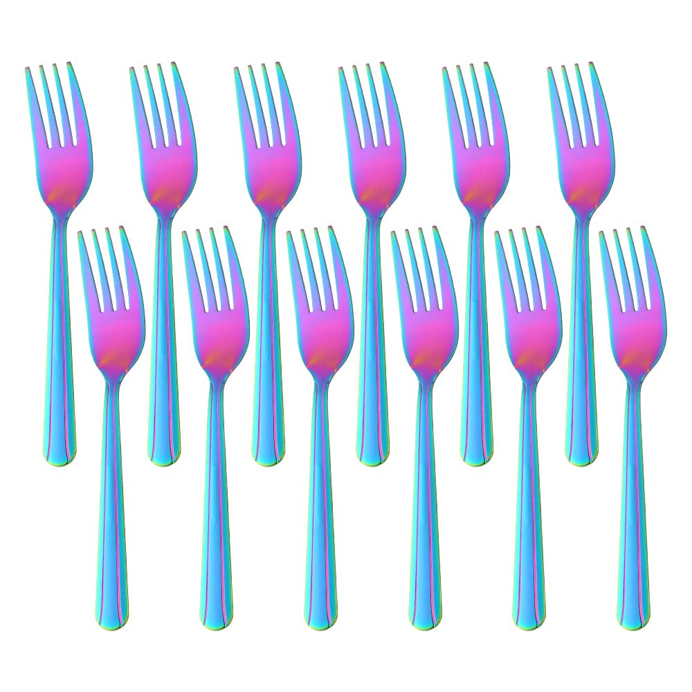12-Piece Stainless Steel Salad & Dessert Forks Set - 6.2 Inch Rainbow Color Flatware for Parties, Picnics, Weddings & Home Dining - Durable & Elegant Silverware by Dongbo