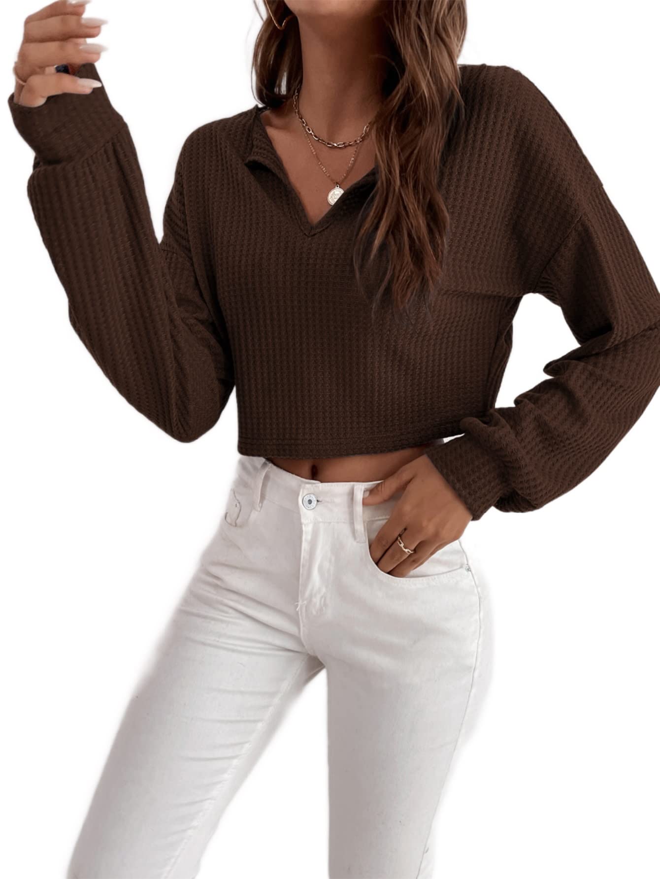 Women's Casual V-Neck Waffle Knit Long Sleeve Crop Top - Soft Bishop Sleeve Drop Shoulder Tee for Everyday Wear, Fall Layering & Coffee Dates