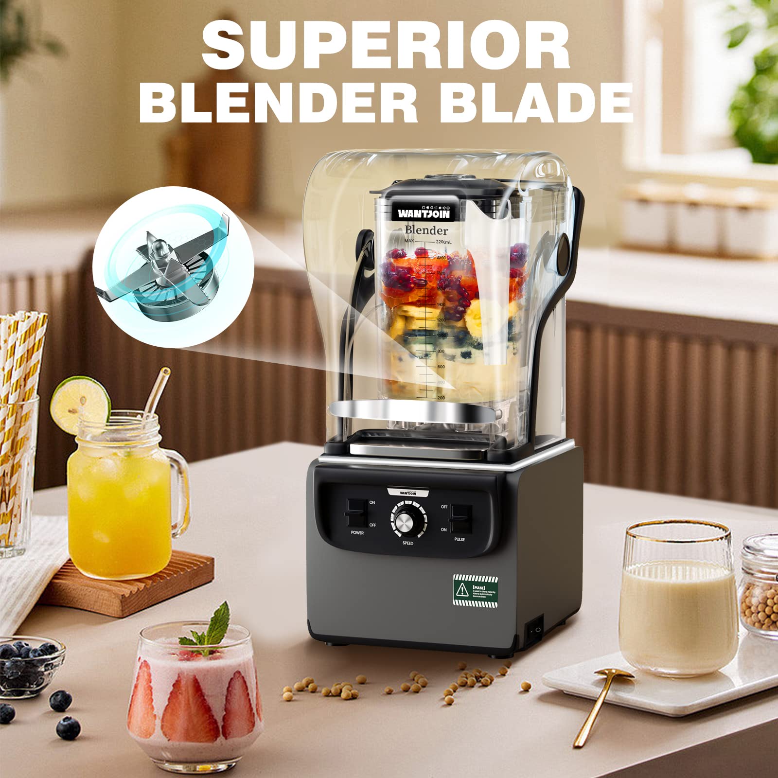 Wantjoin 1800W Professional Commercial Blender - 2200ml Large Capacity, Quiet & Soundproof Design for Smoothies, Ice Crushing, Puree - Perfect for Home Kitchen, Restaurants & Cafes (Grey)