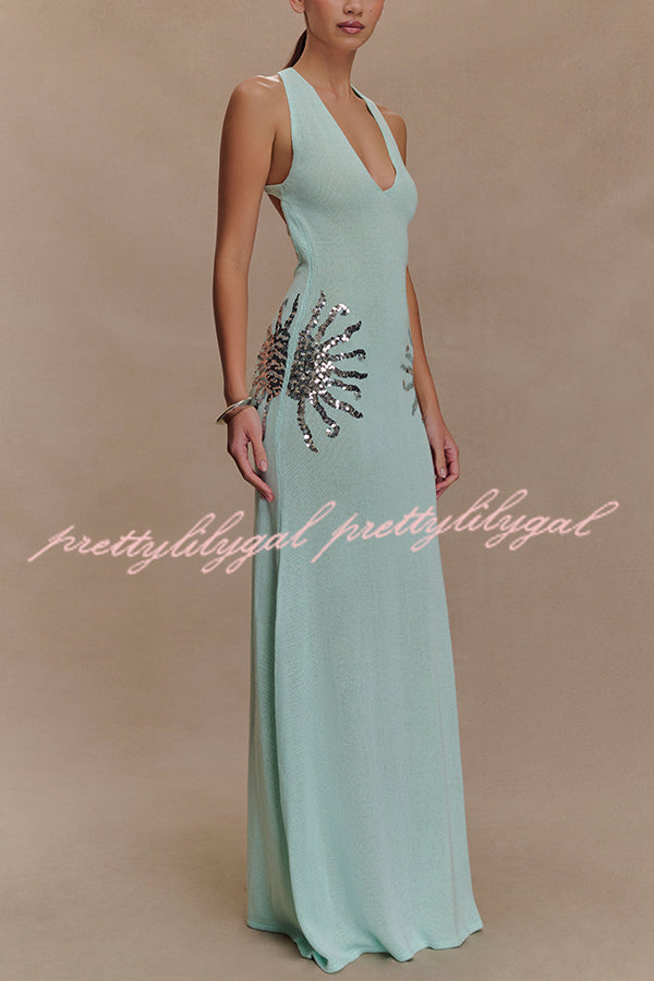Sparkling Nights Knit Sunburst Sequin Maxi Dress with Cross Back Straps - Elegant Stretchy Party Gown for Evening Events, Prom, Wedding & Special Occasions