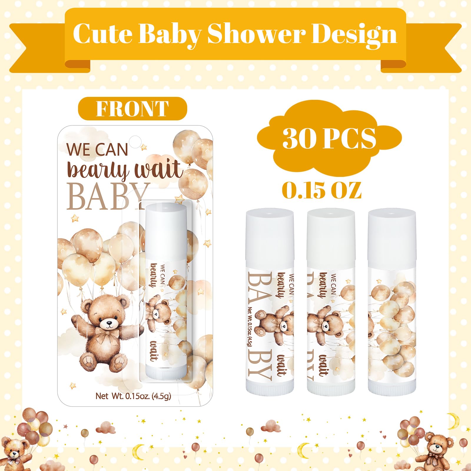30 Pack Baby Shower Game Prizes - Bulk Lip Balm Party Favors for Adults, Guests & Winners - Perfect for Baby Showers, Gender Reveals & Party Decorations - Great as Souvenirs, Gift Bag Stuffers & Party Supplies (Bear Design)