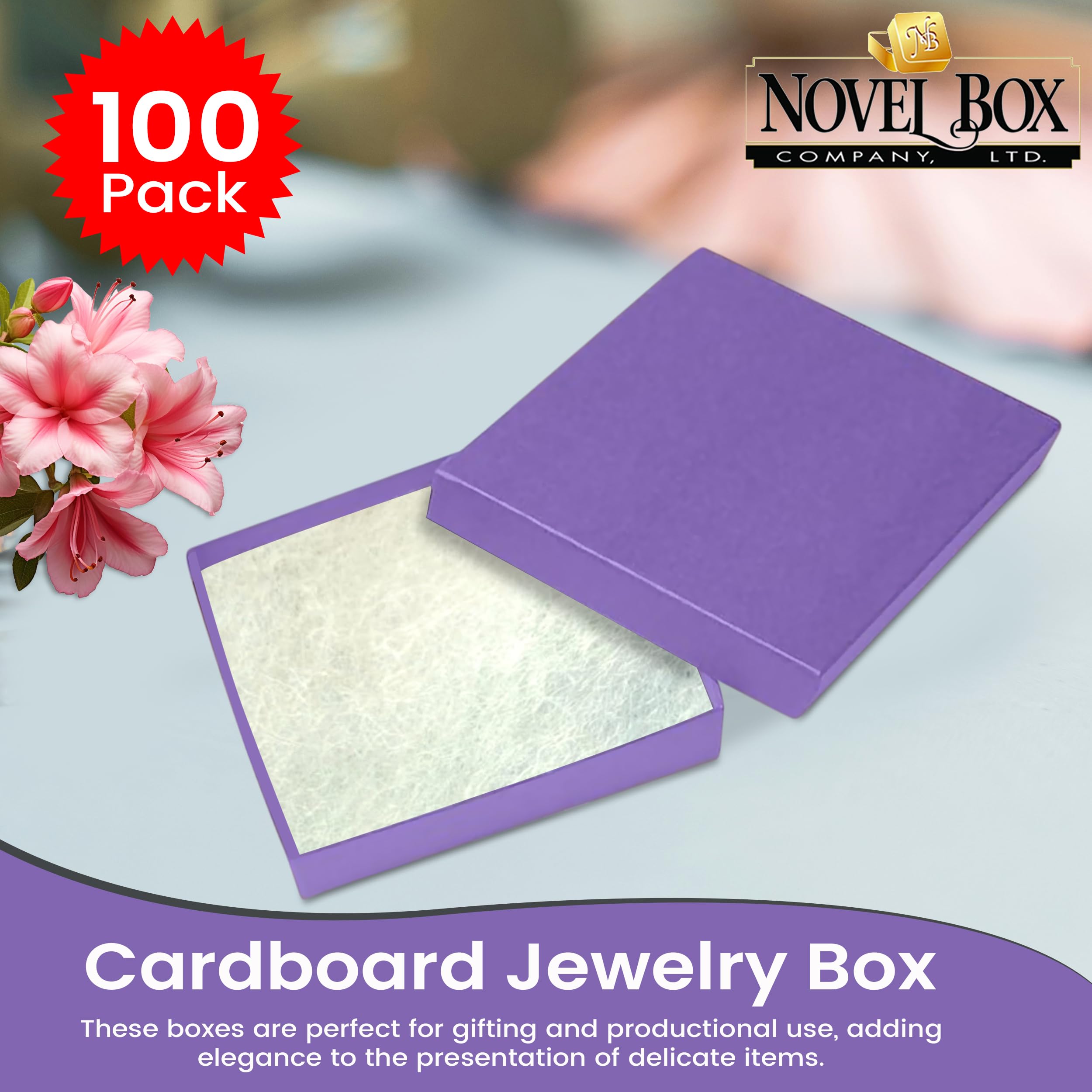 100 Pack Purple Jewelry Gift Boxes 3.5x3.5x0.87 Inches with Cotton Filling | Premium Cardboard Jewelry Storage Box with Lid | Made in USA | Perfect for Bracelets, Necklaces, Rings & Earrings | Great for Gifting, Retail Display & Organizing Jewelry Collections