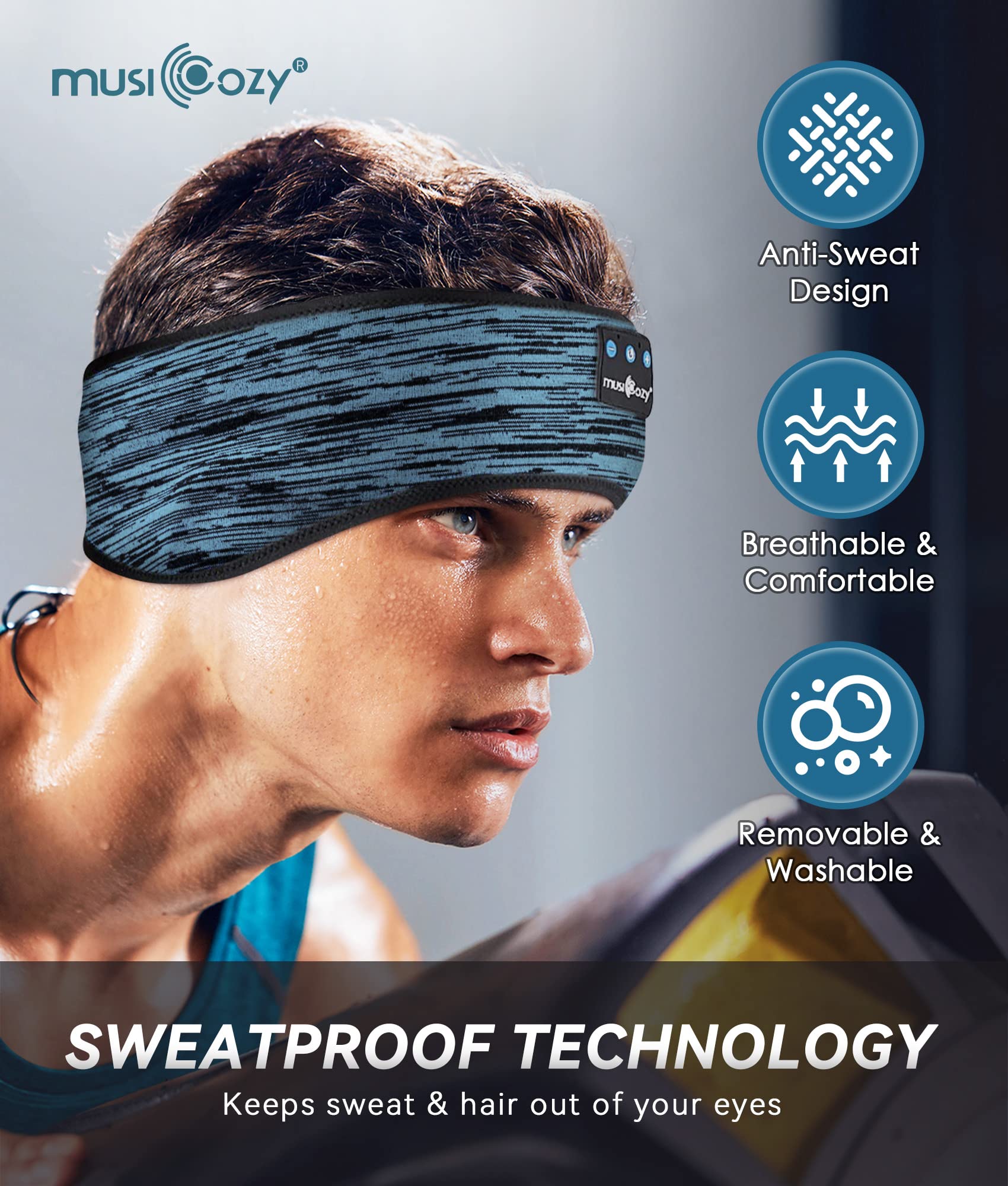 Musicozy Wireless Sleep Headphones Bluetooth 5.2 Sports Headband with Built-in Speakers & Charging Cable - Perfect for Sleeping, Yoga, Meditation & Travel