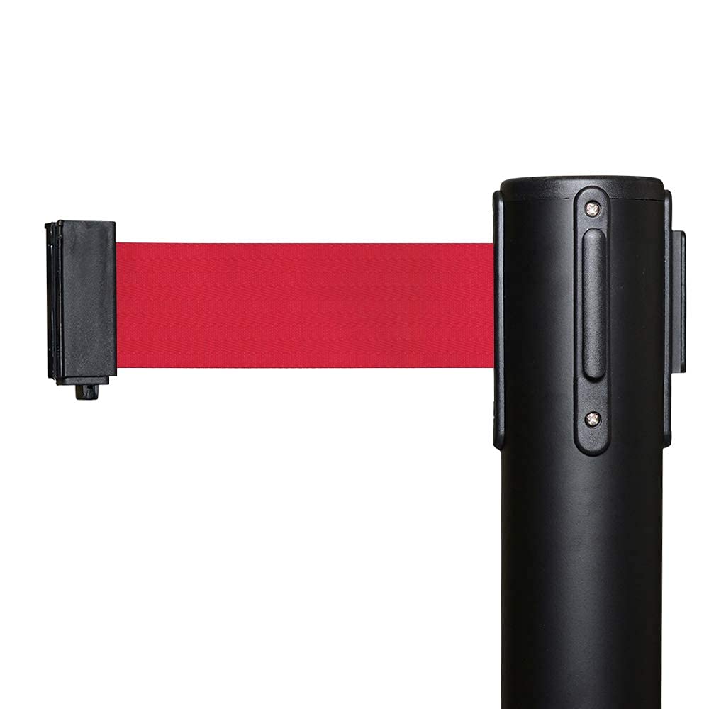 Crowd Control Stanchions Set of 2 - CCW Series RBB-100 with 11ft Retractable Red Belt & Black Posts - Retractable Line Barrier for Queue Management - Perfect for Warehouses, Events, Retail Stores and Social Distancing