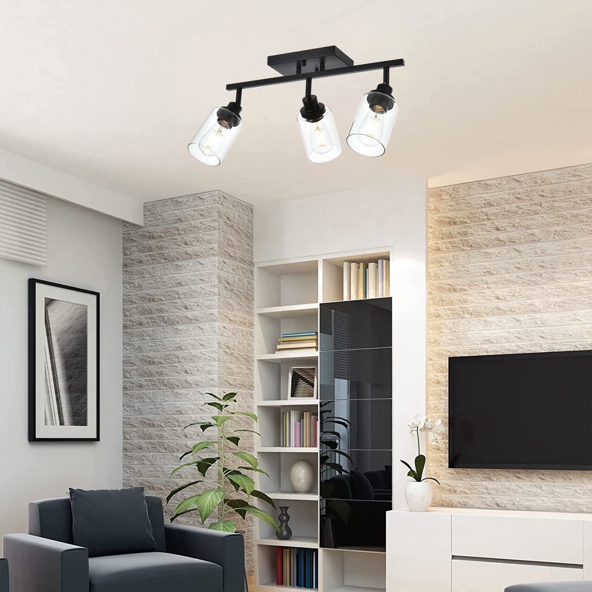 MELUCEE 3-Light Black Bathroom Vanity Lighting Fixture with Rotatable Track Heads & Clear Glass Shade - Modern Ceiling Light for Hallway, Porch, Foyer, Bathroom & Storage Areas