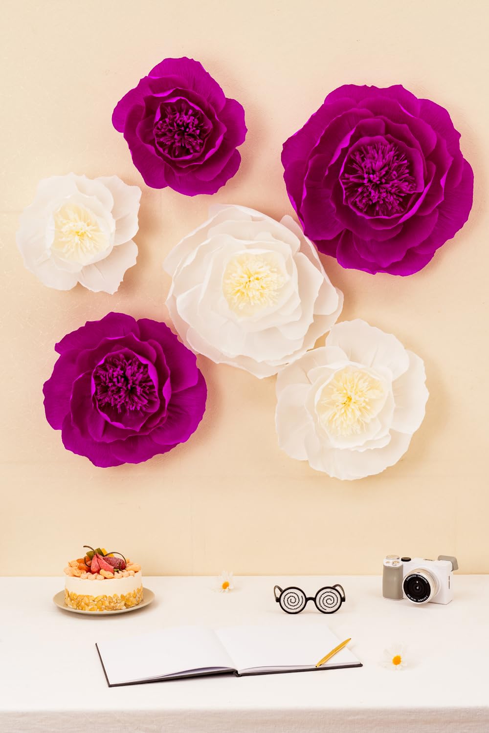 Artificial Crepe Paper Flowers Wall Decor - Wedding, Baby Shower & Birthday Backdrop - Nursery Archway Decoration Set (6-Piece White with Beige Hearts) for Home, Party & Event Decorations