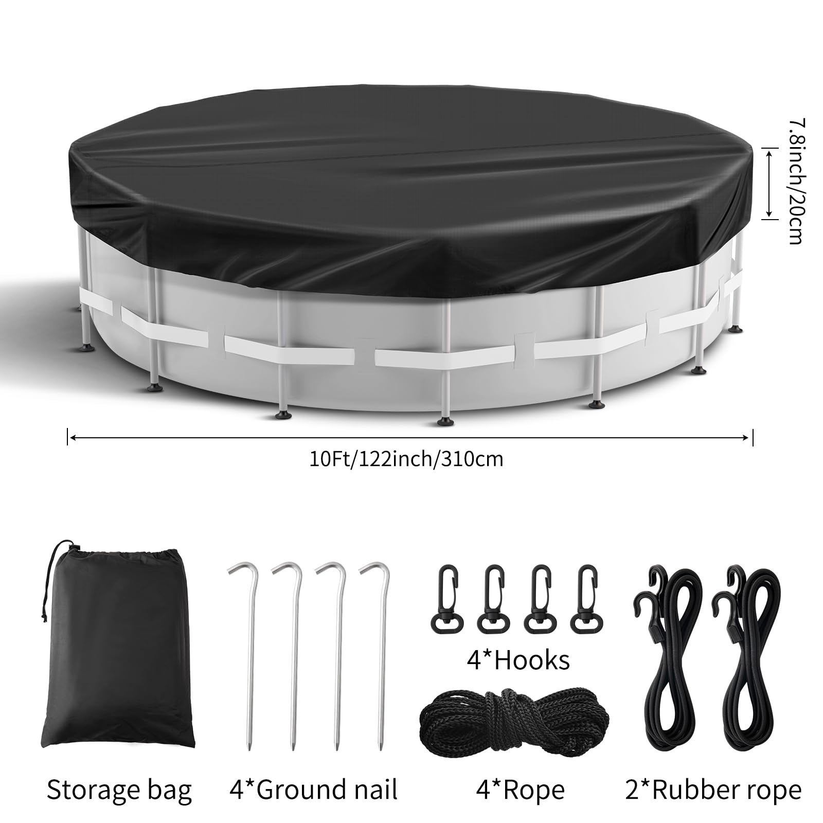 10 Ft Round Solar Pool Cover for Above Ground Pools - Heavy Duty Waterproof & Dustproof Swimming Pool Cover with Accessories (Black) - Perfect for Summer Protection & Heat Retention