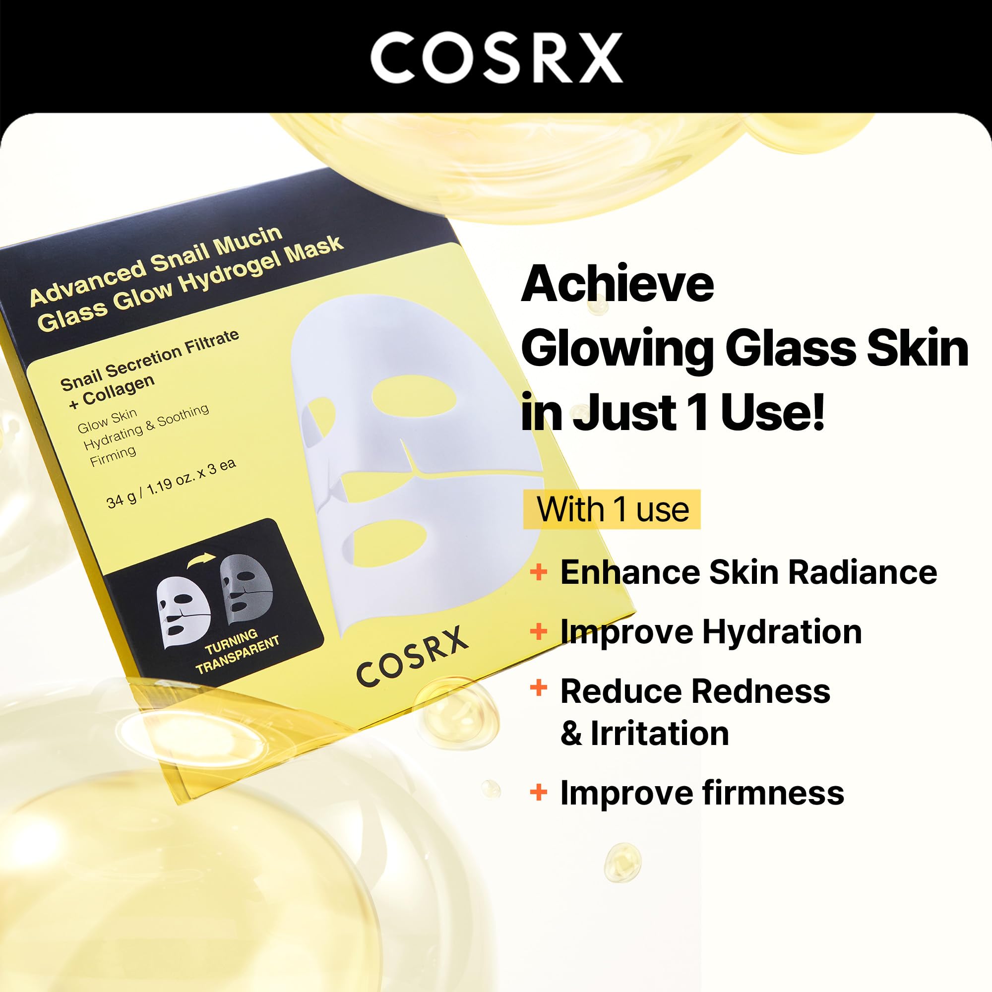 COSRX Advanced Snail Mucin Hydrogel Face Mask 3 Pack - Korean Skincare with Collagen for Hydration & Glow | Overnight Treatment, Travel-Friendly Sheet Masks for Dry Skin & Anti-Aging