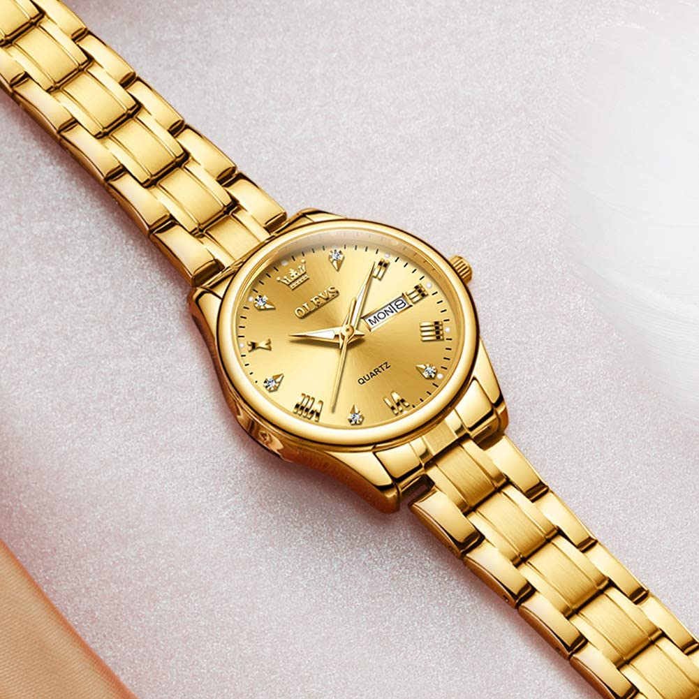 OLEVS Women's Gold Stainless Steel Waterproof Analog Watch with Date & Day - Small Face Quartz Movement, Fashion Gold/Black/White Dial Ladies Wristwatch - Perfect for Office, Party & Everyday Wear