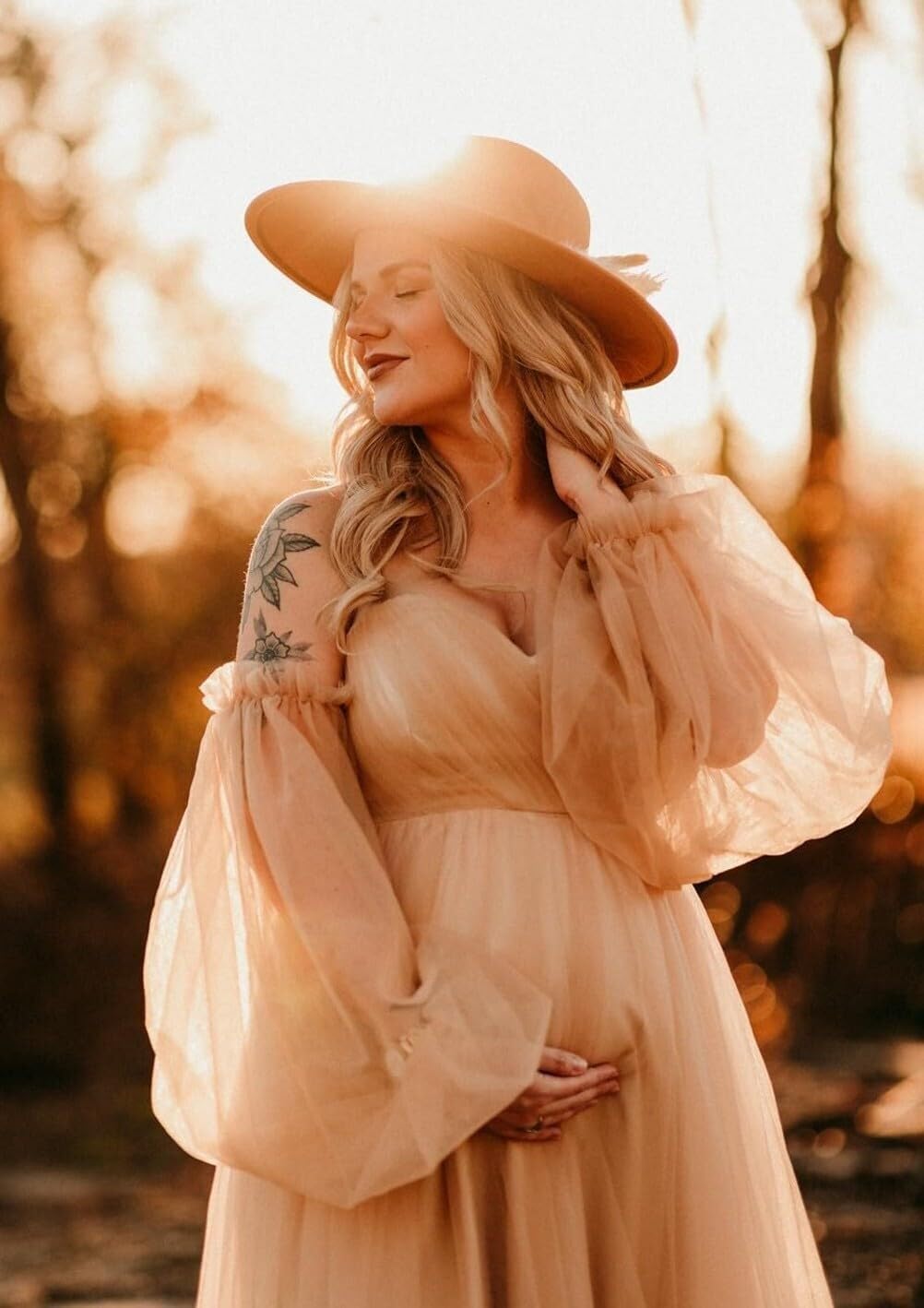 Elegant Winter Off Shoulder Tulle Maternity Dress for Baby Shower, Pregnancy Photoshoot & Special Occasions | Flowy Long Sleeve Gown for Expecting Moms