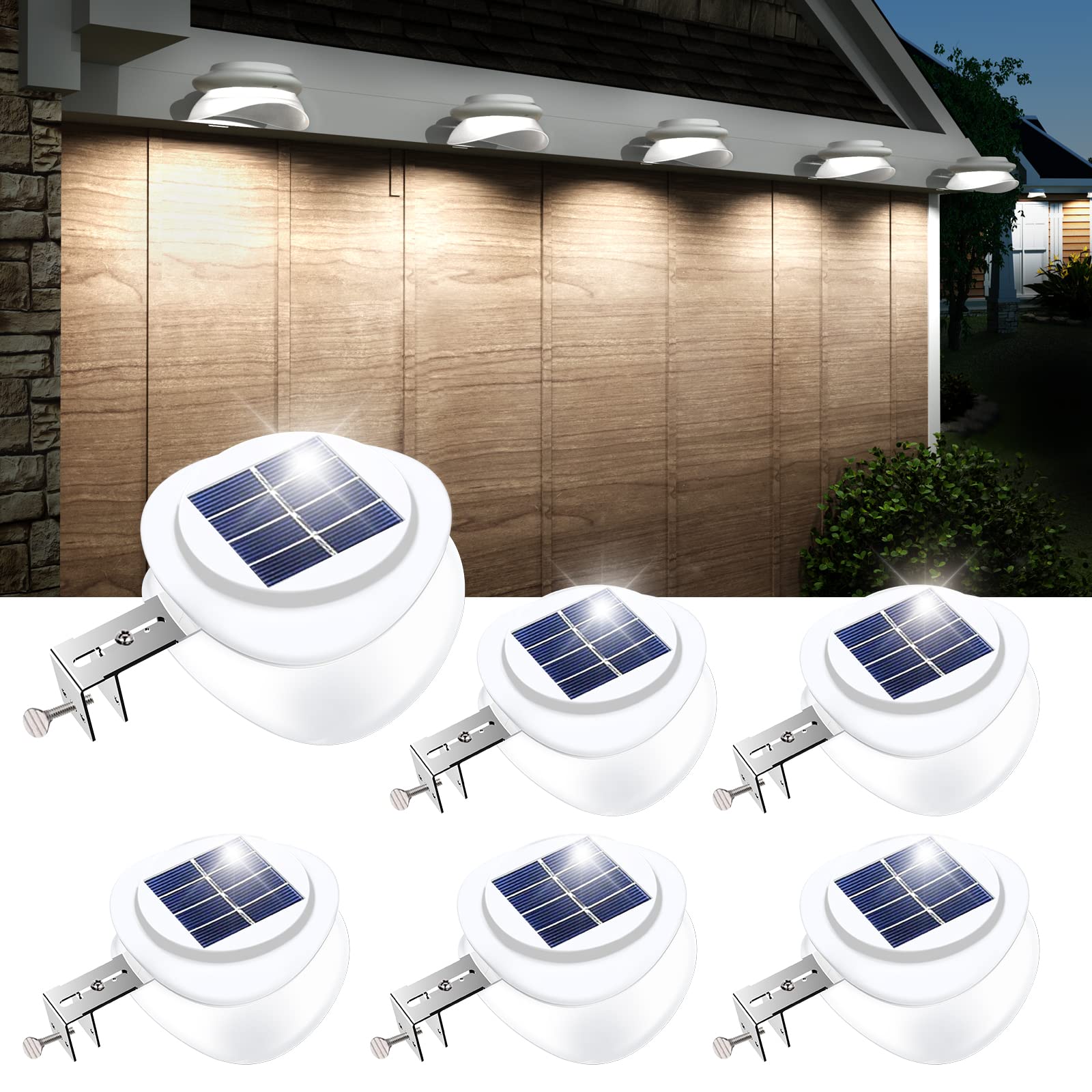 ROSHWEY 6 Pack Solar Gutter Lights with 9 LEDs - Waterproof Outdoor Patio Decor for Eaves, Garden, Fence & Pathway Lighting (Cool White) | Perfect for Landscape, Yard & Home Exterior Decoration